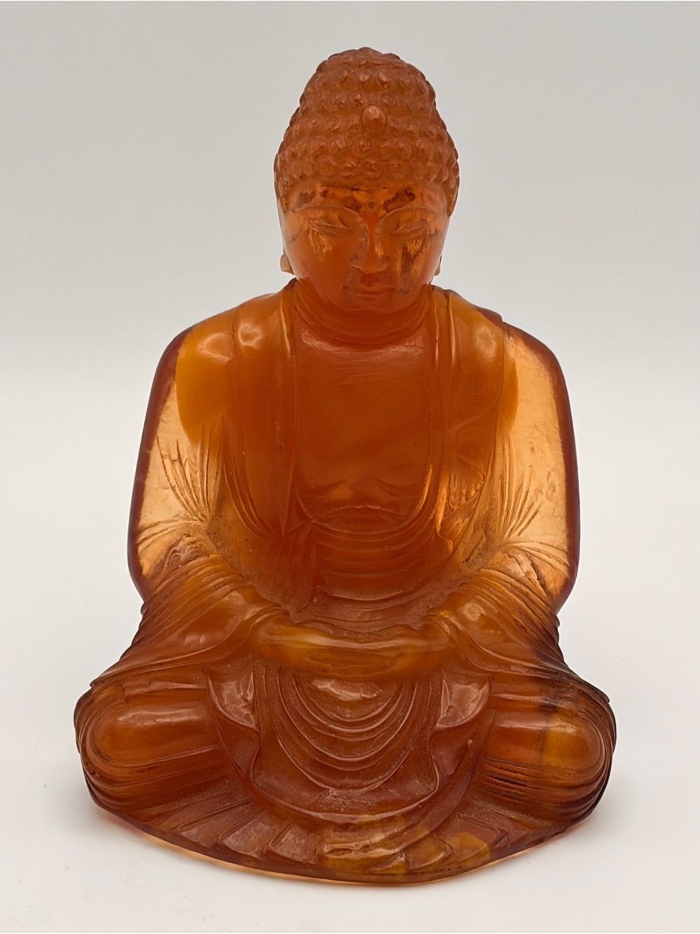 Vintage Lucite Amber Praying Buddha Statue Figurine 4.25”